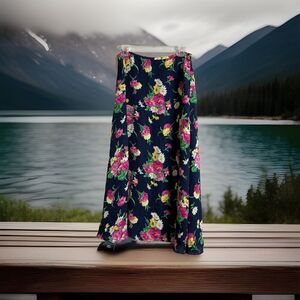 Lauren Ralph Lauren Navy Blue Floral Maxi Skirt 100% Silk Women's Size 10P 35"